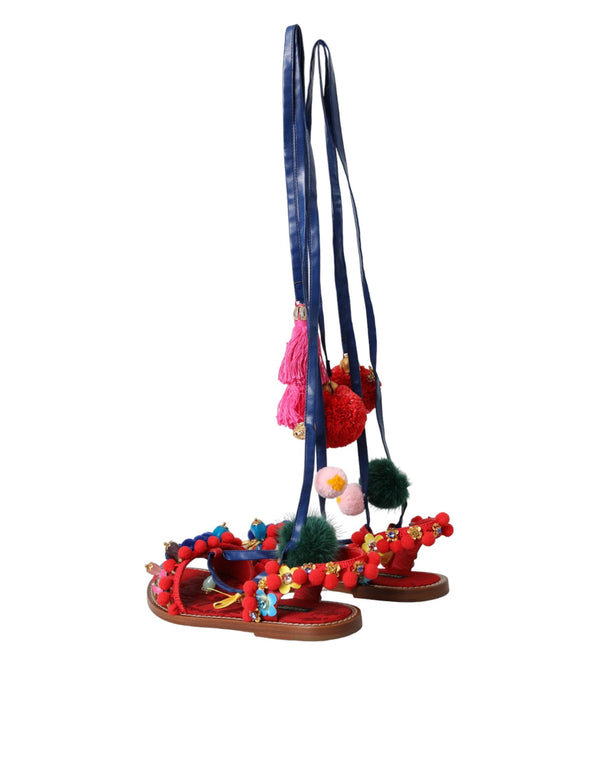 Multicolor Pom Pom Pelz Wrap Sandalen Schuhe