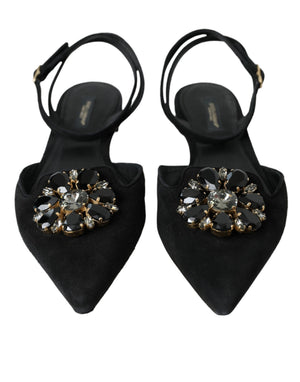 Schwarzes Leder Kristall Slingback Sandalen Schuhe