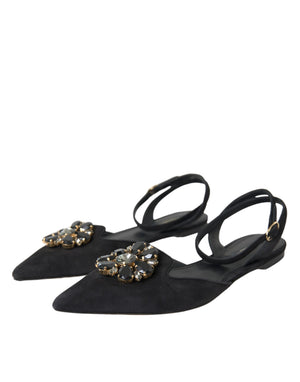Schwarzes Leder Kristall Slingback Sandalen Schuhe