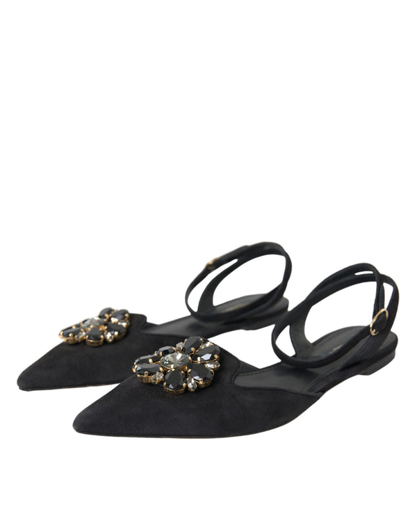 Schwarzes Leder Kristall Slingback Sandalen Schuhe