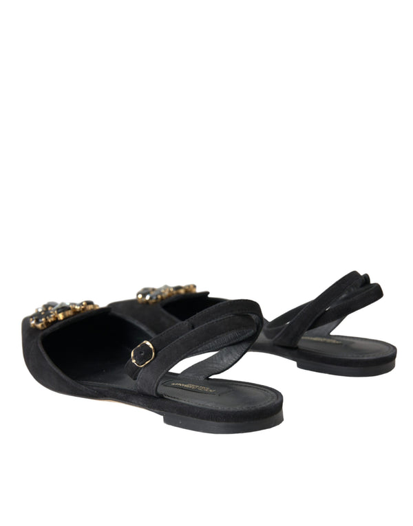 Schwarzes Leder Kristall Slingback Sandalen Schuhe