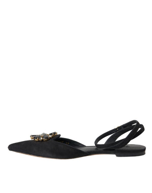 Schwarzes Leder Kristall Slingback Sandalen Schuhe