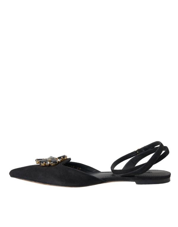 Schwarzes Leder Kristall Slingback Sandalen Schuhe