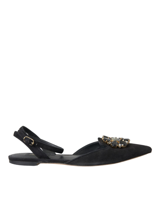 Schwarzes Leder Kristall Slingback Sandalen Schuhe