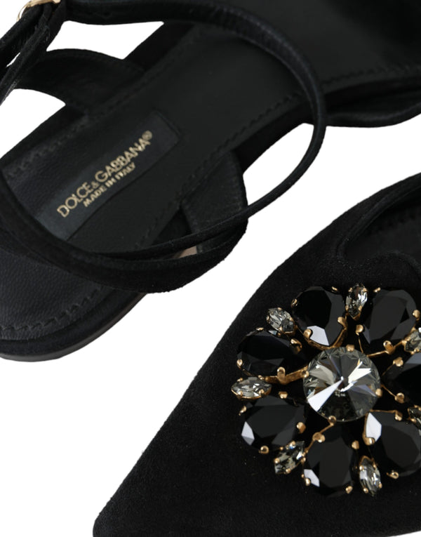 Schwarzes Leder Kristall Slingback Sandalen Schuhe