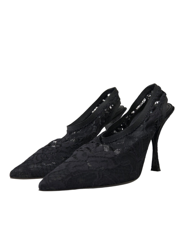 Schwarze Spitze Stretch Heels Slingbacks Schuhe