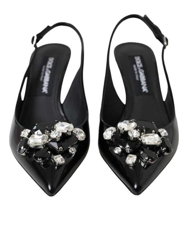Schwarzes Lackleder Kristall Slingback Schuhe