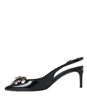 Schwarzes Lackleder Kristall Slingback Schuhe
