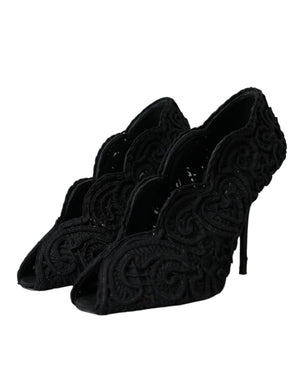 Schwarze Cordonetto Ricamo Pumps Offene Zehen Schuhe
