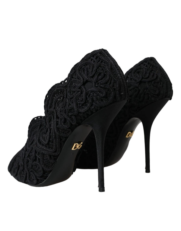 Schwarze Cordonetto Ricamo Pumps Offene Zehen Schuhe
