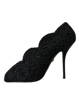 Schwarze Cordonetto Ricamo Pumps Offene Zehen Schuhe