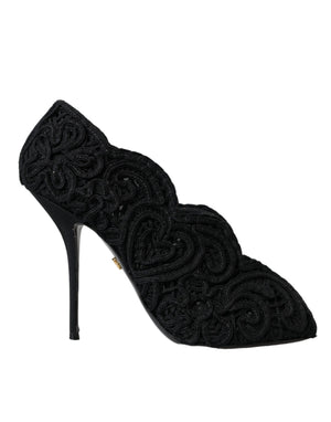 Schwarze Cordonetto Ricamo Pumps Offene Zehen Schuhe