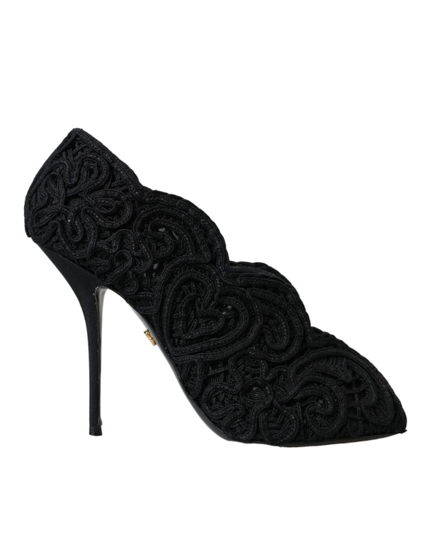 Schwarze Cordonetto Ricamo Pumps Offene Zehen Schuhe