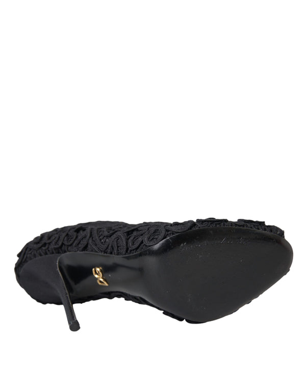 Schwarze Cordonetto Ricamo Pumps Offene Zehen Schuhe