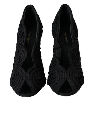 Schwarze Cordonetto Ricamo Pumps Offene Zehen Schuhe