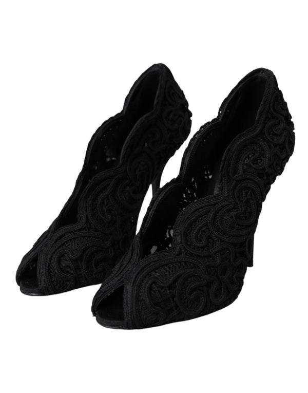 Schwarze Cordonetto Ricamo Pumps Offene Zehen Schuhe