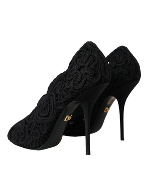 Schwarze Cordonetto Ricamo Pumps Offene Zehen Schuhe