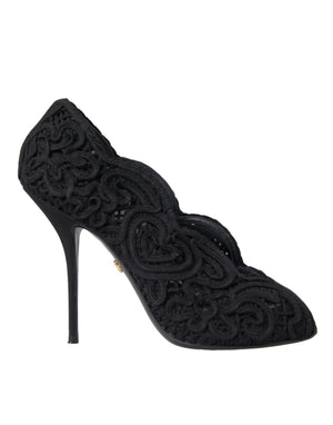 Schwarze Cordonetto Ricamo Pumps Offene Zehen Schuhe