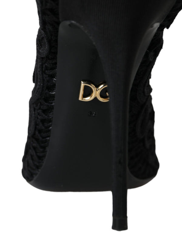 Schwarze Cordonetto Ricamo Pumps Offene Zehen Schuhe