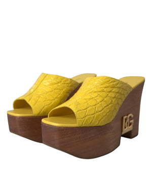 Gelbe Leder Holz Pantoffel Keil Rutschen Schuhe