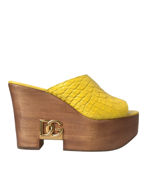 Gelbe Leder Holz Pantoffel Keil Rutschen Schuhe