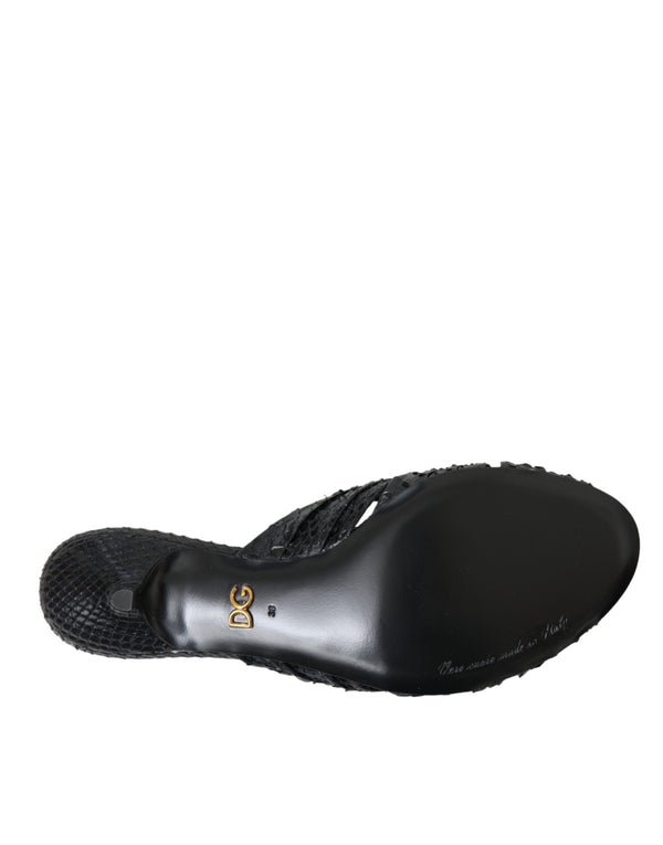 Schwarze Exotische Leder Absätze Rutschen Schuhe