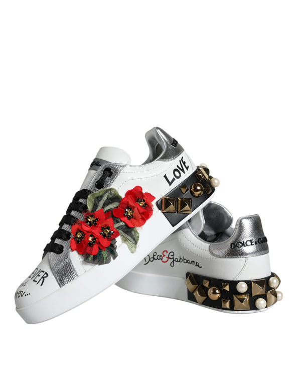 Weiß Leder Floral Nieten Turnschuhe Schuhe
