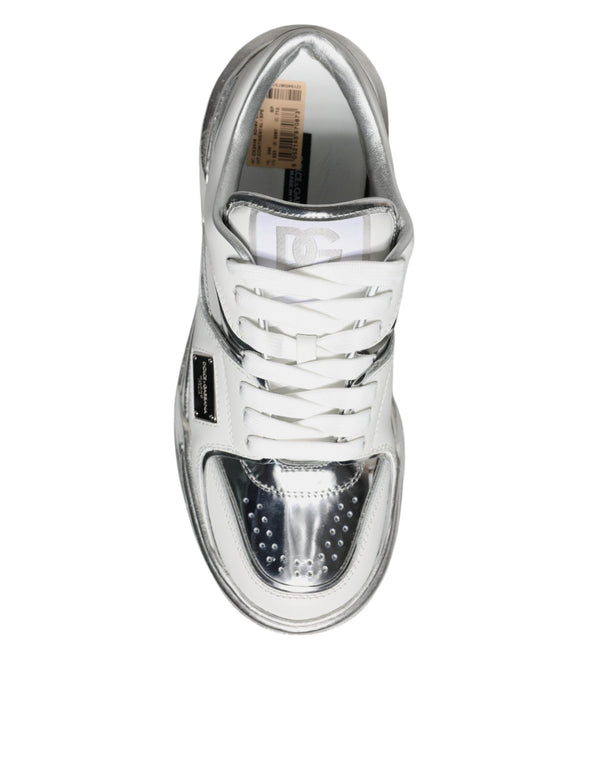 Weiß Silber Leder Low Top Sneakers Schuhe