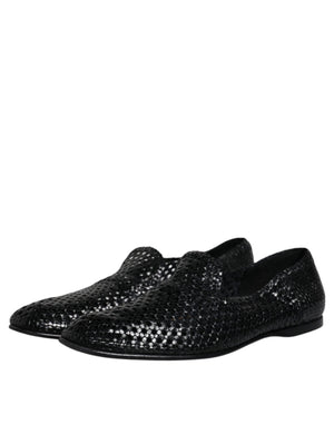 Schwarze gewebte Leder Slipper Schuhe