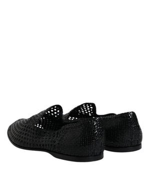 Schwarze gewebte Leder Slipper Schuhe
