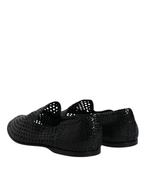 Schwarze gewebte Leder Slipper Schuhe