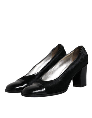 Schwarz Leder Blockabsatz Pumps Schuhe