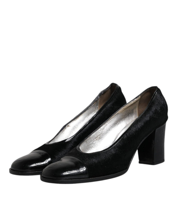 Schwarz Leder Blockabsatz Pumps Schuhe