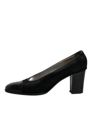 Schwarz Leder Blockabsatz Pumps Schuhe