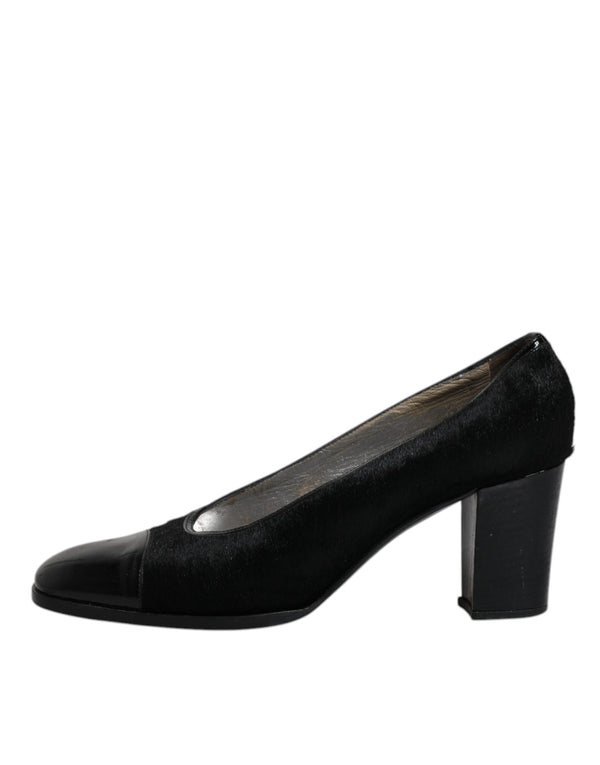 Schwarz Leder Blockabsatz Pumps Schuhe