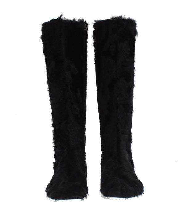 Schwarze Xiangao Lammfell-Lederstiefel