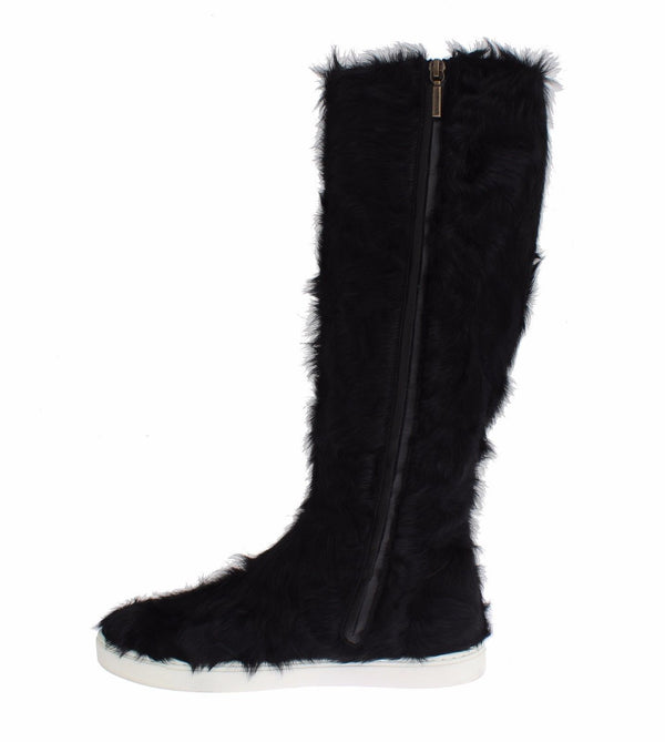 Schwarze Xiangao Lammfell-Lederstiefel