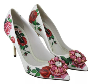 Weißes Leder Rosen Kristall Pumps Schuhe