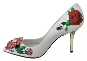 Weißes Leder Rosen Kristall Pumps Schuhe