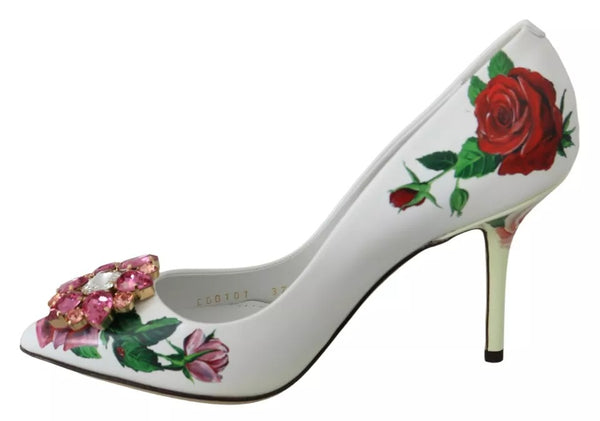 Weißes Leder Rosen Kristall Pumps Schuhe