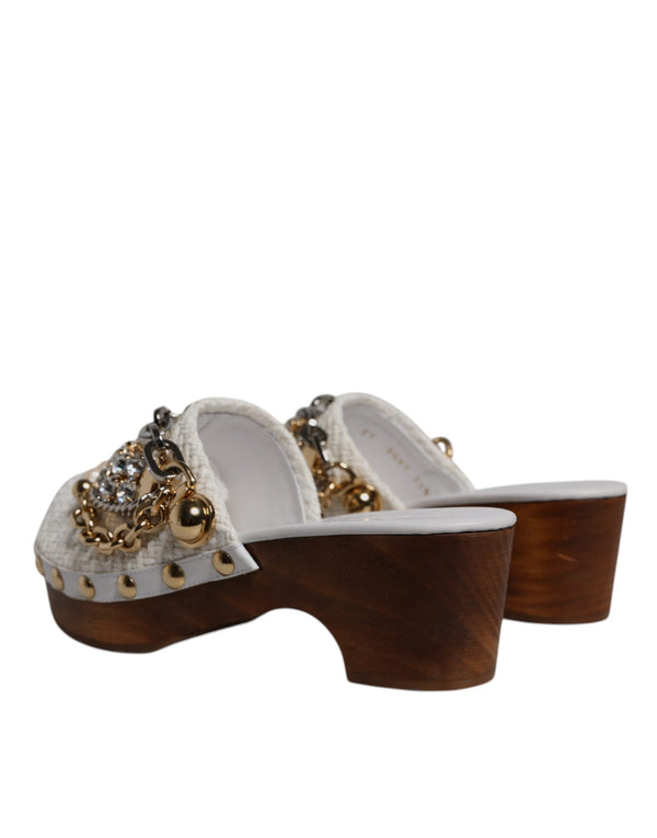 Weiß Raffia Clogs Bejeweled Kette Sandalen Schuhe