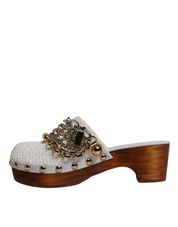 Weiß Raffia Clogs Bejeweled Kette Sandalen Schuhe