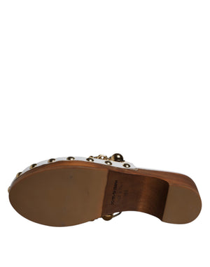 Weiß Raffia Clogs Bejeweled Kette Sandalen Schuhe