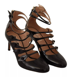 Schwarz Multi Strap Leder Mid Heels Pumps Schuhe