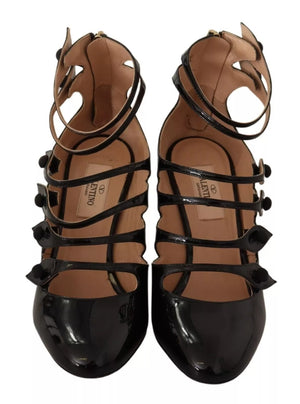 Schwarz Multi Strap Leder Mid Heels Pumps Schuhe