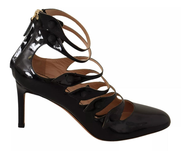 Schwarz Multi Strap Leder Mid Heels Pumps Schuhe