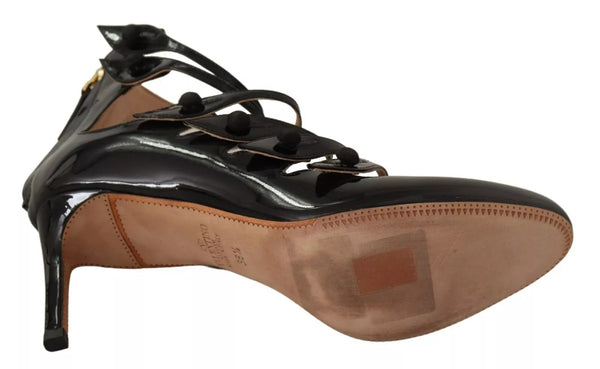 Schwarz Multi Strap Leder Mid Heels Pumps Schuhe