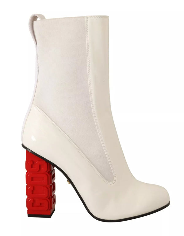 Weißes Leder Stoff Rot Logo Absatz Stiefeletten Schuhe