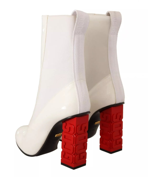 Weißes Leder Stoff Rot Logo Absatz Stiefeletten Schuhe