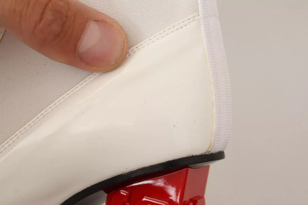 Weißes Leder Stoff Rot Logo Absatz Stiefeletten Schuhe